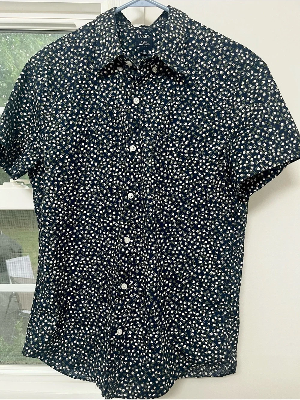 J. Crew Black Short-Sleeve Button-Up Shirt with White Floral Print